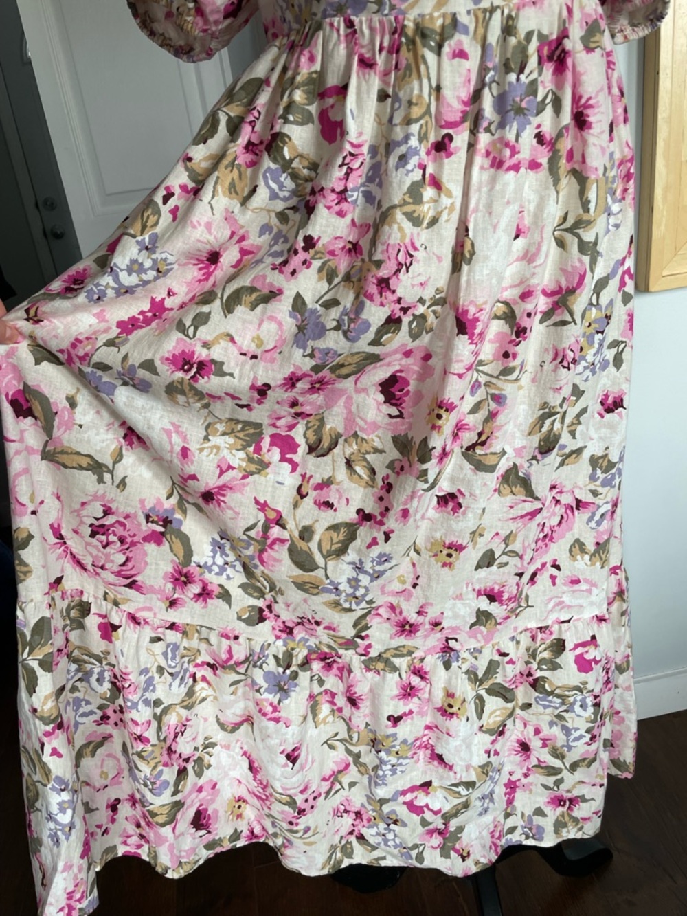Cottagecore Cotton Linen Puff Sleeve Tiered Floral Sleeve Midi Dress. Small - Picture 4 of 7